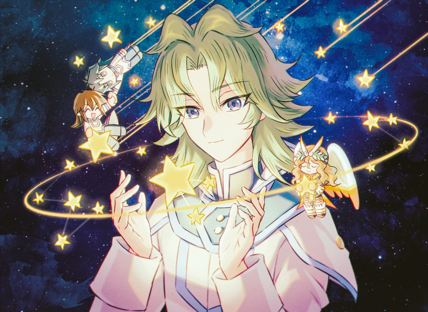 4boys, chibi, commentary_request, duel_monster, fujiwara_yuusuke, glowing, green_hair, happy
