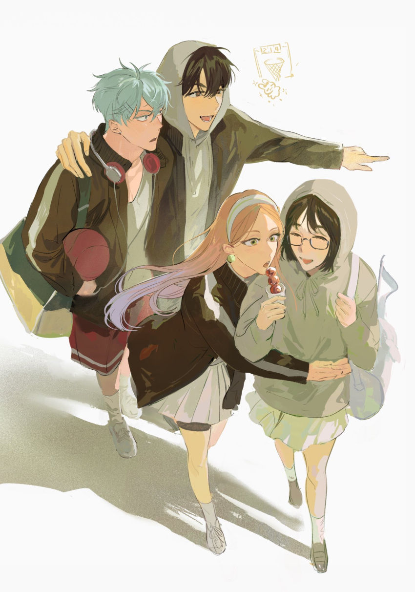 22_(22mimi2434), 2boys, 2girls, alien_stage, arm_around_shoulder, ball, basketball, black_eyes