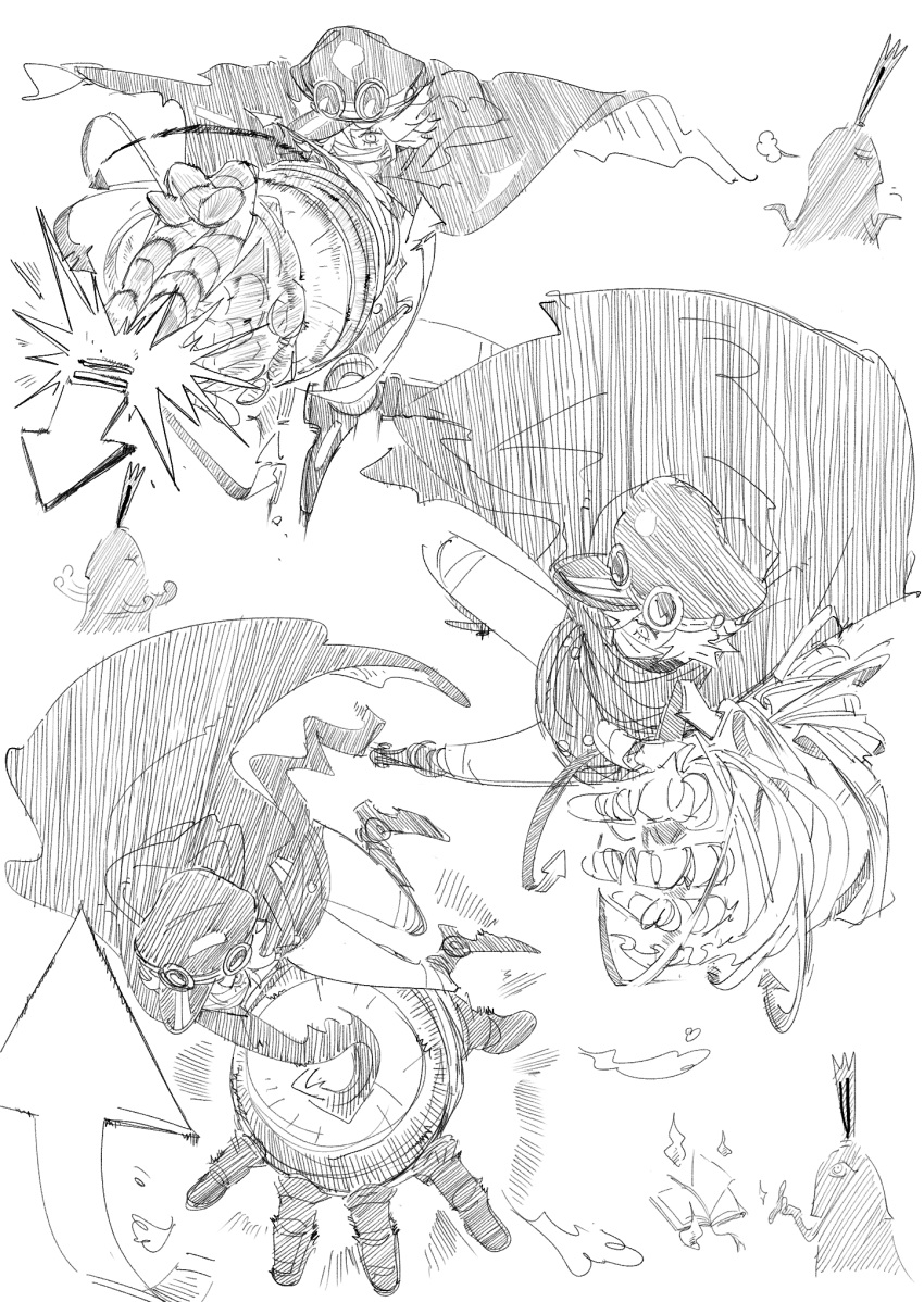 1girl, 1other, arrow_(symbol), black_cape, black_jacket, blonde_hair, book, cape, chibi, clapping, devil_fruit_power, eyed_silhouette, goggles, goggles_on_headwear, gunko, hat, highres, imu_(one_piece), jacket, mask, monochrome, mouth_mask, nadidafuq, no_pants, one_piece, oversized_limbs, peaked_cap, rogatywka, short_hair, silhouette, simple_background, sketch, tall_crown, white_background