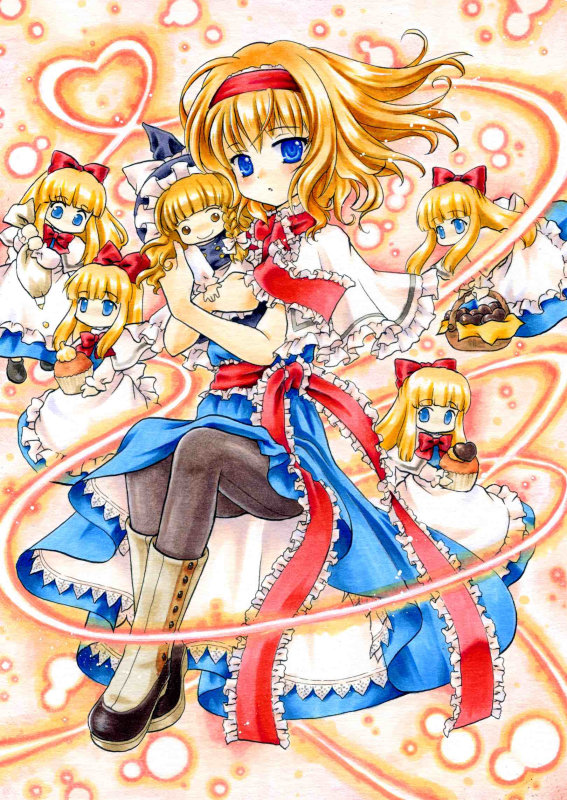 alice_margatroid, blonde_hair, blue_eyes, boots, capelet, character_doll, dessert, doll