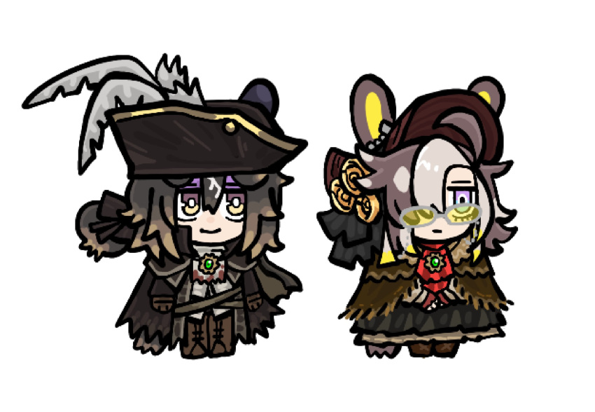 2girls, ahoge, animal_ears, ascot, bloodborne, bonnet, boots, brown_boots