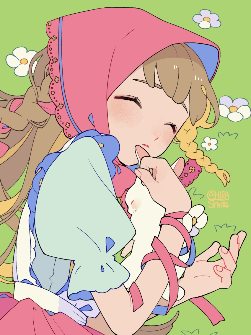1girl, animal, animal_ears, artist_name, blonde_hair, blue_shirt, braid, brown_hair