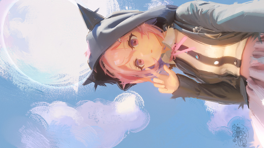 1girl, breasts, brown_hair, collared_shirt, danganronpa_(series), danganronpa_2:_goodbye_despair, flipped_hair, from_below, hair_ornament, highres, hood, jacket, long_sleeves, looking_at_viewer, medium_hair, mu_liu_zi, nanami_chiaki, neck_ribbon, open_clothes, open_jacket, pink_eyes, pink_ribbon, pleated_skirt, ribbon, shirt, skirt, solo, white_shirt