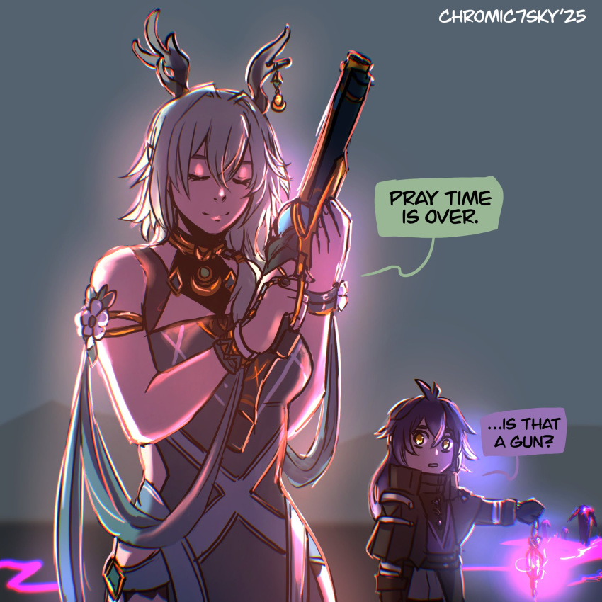 1boy, 1girl, alternate_hairstyle, anaxa_(honkai:_star_rail), anaxa_(honkai:_star_rail)_(cosplay), antler_ornament, antlers, arm_at_side, black_coat, chibi, chromic7sky, closed_eyes, closed_mouth, coat, collared_coat, cosplay, deer_antlers, dress, english_text, flins_(genshin_impact), genshin_impact, gloves, glowing, grey_hair, gun, hair_between_eyes, hair_over_shoulder, hands_up, high_collar, highres, holding, holding_gun, holding_lantern, holding_weapon, honkai:_star_rail, honkai_(series), horns, lantern, lauma_(genshin_impact), long_hair, long_sleeves, looking_at_another, low_ponytail, outstretched_arm, ponytail, purple_hair, side_ponytail, sleeveless, sleeveless_dress, smile, weapon, yellow_eyes