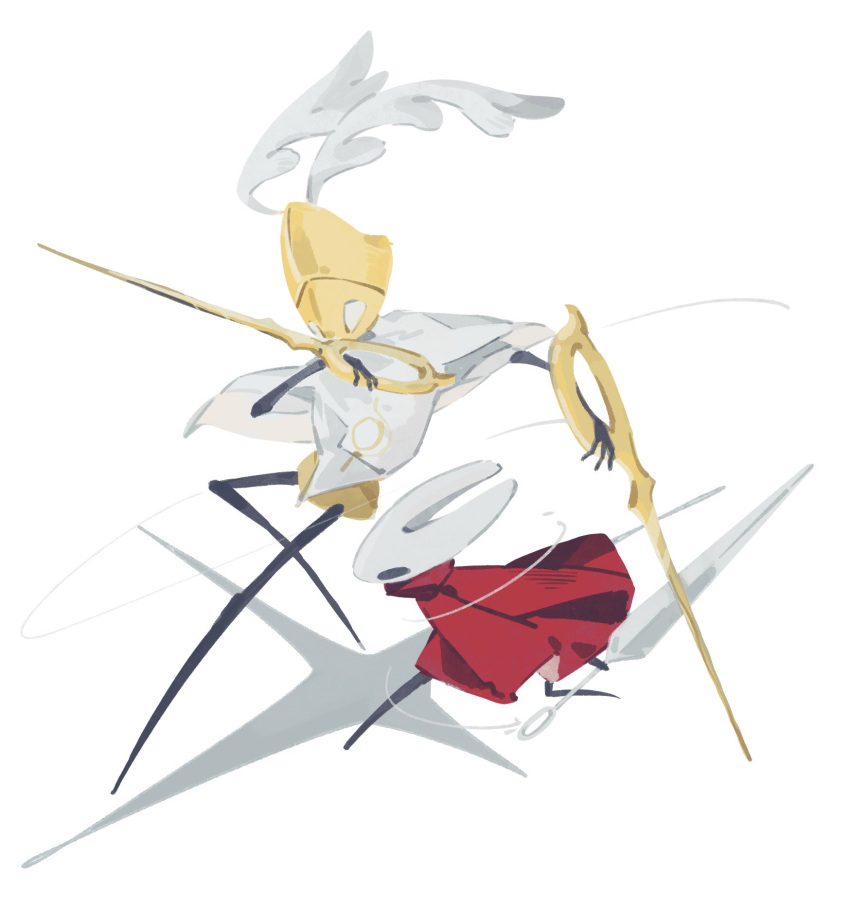 1girl, 1other, cloak, hat_feather, helmet, highres, hollow_knight, hollow_knight:_silksong