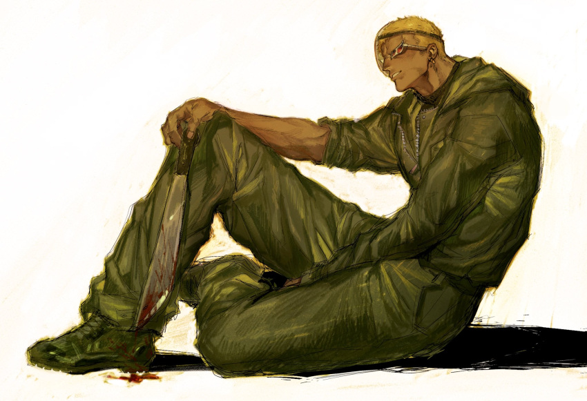 1boy, arm_rest, blonde_hair, blood, blood_on_weapon, donquixote_doflamingo, earrings, green_jacket