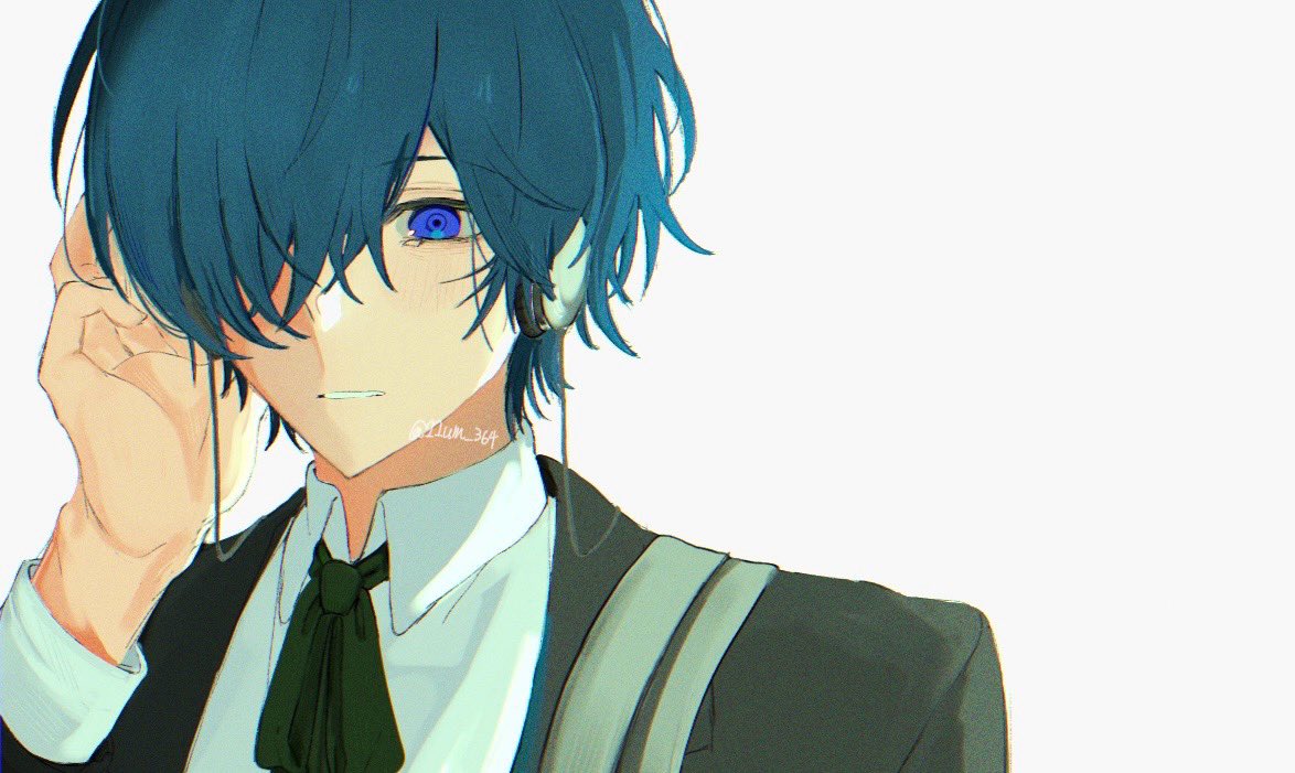 11um_364, 1boy, black_jacket, blue_eyes, blue_hair, collared_shirt, earphones, gekkoukan_high_school_uniform