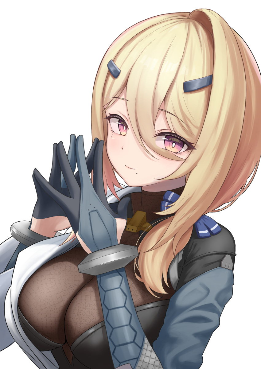 1girl, absurdres, andoris_(girls'_frontline_2), blonde_hair, breasts, girls'_frontline_2:_exilium, girls_frontline, gloves, gradient_eyes, hair_between_eyes, hair_ornament, hairclip, hands_up, highres, long_hair, looking_at_viewer, medium_breasts, mole, mole_under_eye, multicolored_eyes, smile, solo, upper_body, violet_eyes, yellow_eyes, yuuji1189