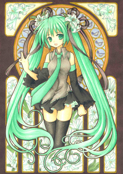 1girl, art_nouveau, black_legwear, bow, embellished_costume, flower, frills, funnyfunny, hair_bow, hair_flower, hair_ornament, hatsune_miku, lace, lily_(flower), long_hair, marker_(medium), musical_note, necktie, solo, thighhighs, traditional_media, twintails, very_long_hair, vocaloid, wide_sleeves, zettai_ryouiki