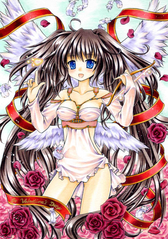 angel_wings, bad_id, bow_(weapon), feathers, flower, funnyfunny, marker_(medium), original
