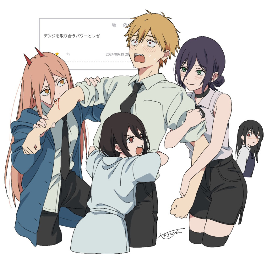 1boy, 4girls, bare_shoulders, biting, biting_another's_arm, black_choker, black_necktie, black_pants