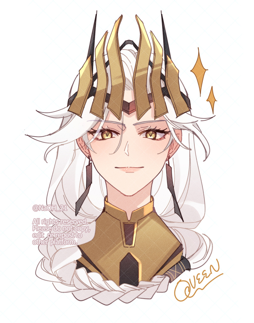 1girl, armor, braid, cropped_shoulders, gold_armor, highres, long_hair, looking_at_viewer, naoh_21, portrait, queen_(to_be_hero_x), single_braid, smirk, solo, sparkle, tiara, to_be_hero, to_be_hero_x, very_long_hair, white_hair, yellow_eyes