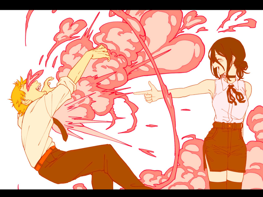 1boy, 1girl, belt, black_choker, black_hair, black_pants, black_shorts, blonde_hair