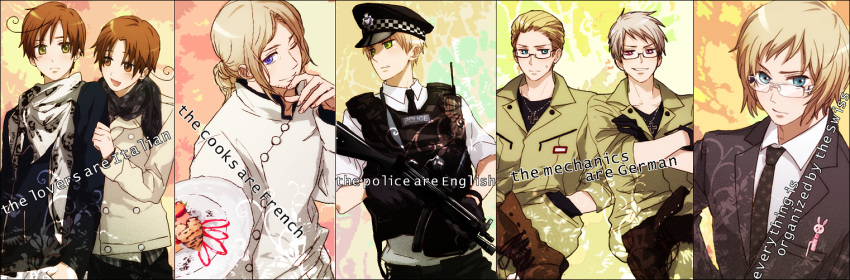 axis_powers_hetalia, blonde_hair, boots, brown_hair, bunny, chef, food, formal, france, france_(hetalia), germany, germany_(hetalia), glasses, gun, hat, hetalia_axis_powers, machine_gun, male, mechanic, north_italy, northern_italy_(hetalia), peaked_cap, pen, police, prussia, prussia_(hetalia), scarf, silver_hair, south_italy, southern_italy_(hetalia), suit, sumi_tooru, switzerland, switzerland_(hetalia), united_kingdom, united_kingdom_(hetalia), vest, weapon
