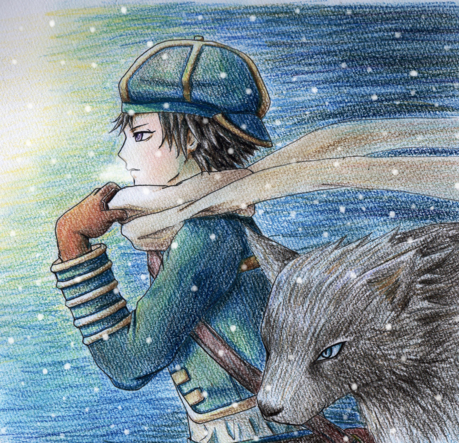 color_pencil, pixiv_id_677142, scarf, tegami_bachi, traditional_media, wasiolka, wind, zazie_winters