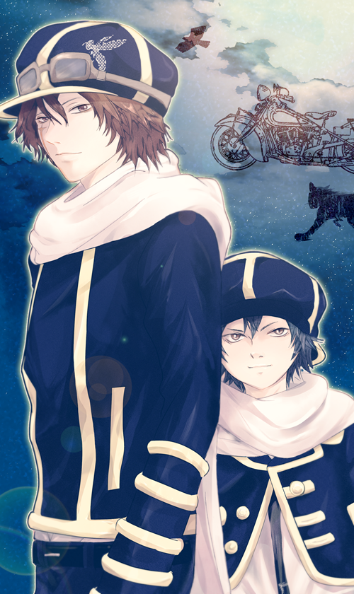 hands_in_pockets, jiggy_pepper, looking_at_viewer, motorcycle, pixiv_id_2141663, scarf, tegami_bachi, two_males