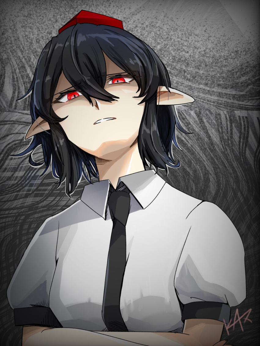 1girl, abstract_background, black_hair, black_necktie, black_trim, breasts, commentary_request, crossed_arms