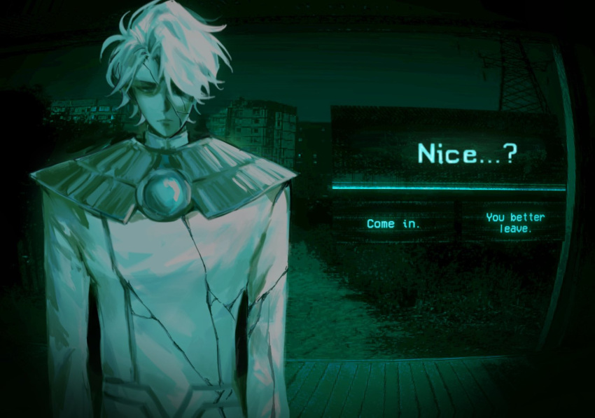 1boy, blank_stare, bodysuit, brooch, capelet, cityscape, cracked_clothes, cracked_skin