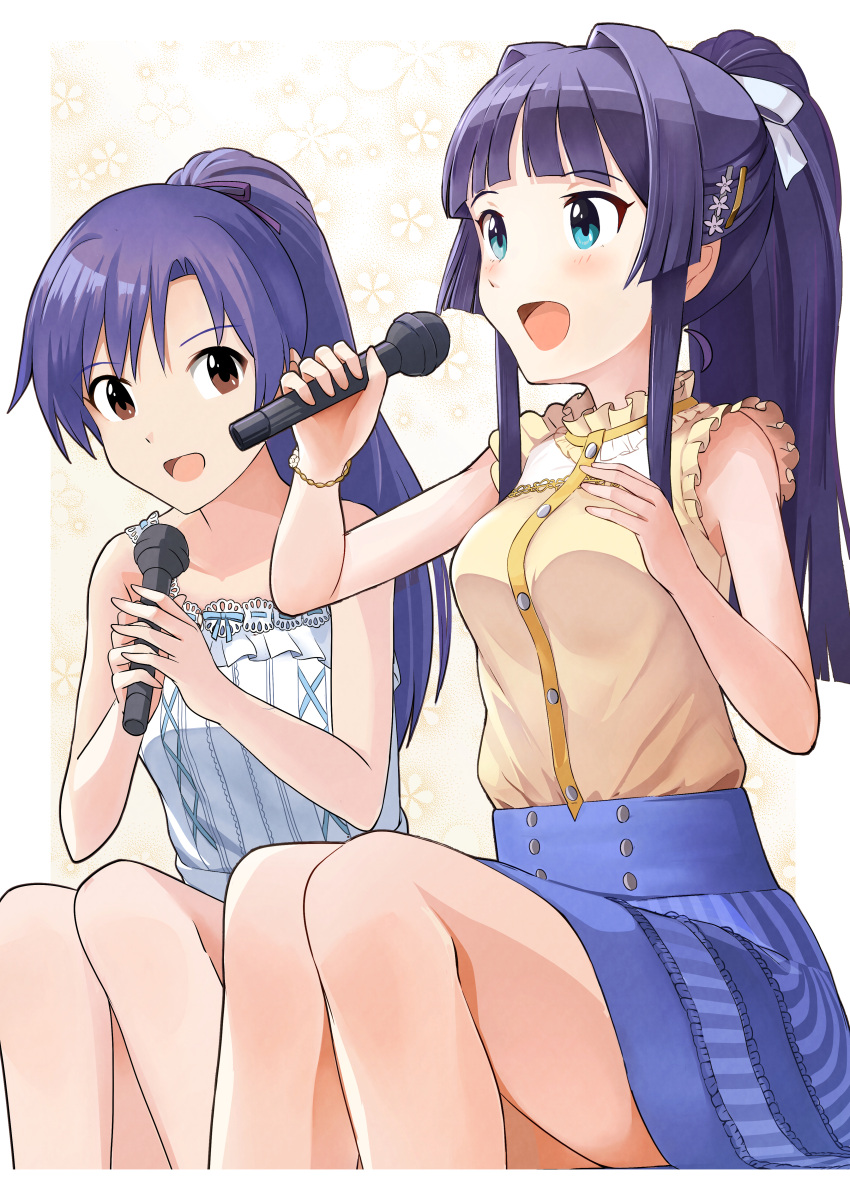 2girls, absurdres, black_hair, blue_eyes, blue_hair, blue_skirt, breasts, brown_eyes