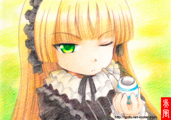 crayon_(medium), gofu, gosick, gothic_lolita, graphite_(medium), green_eyes, lolita_fashion, long_hair
