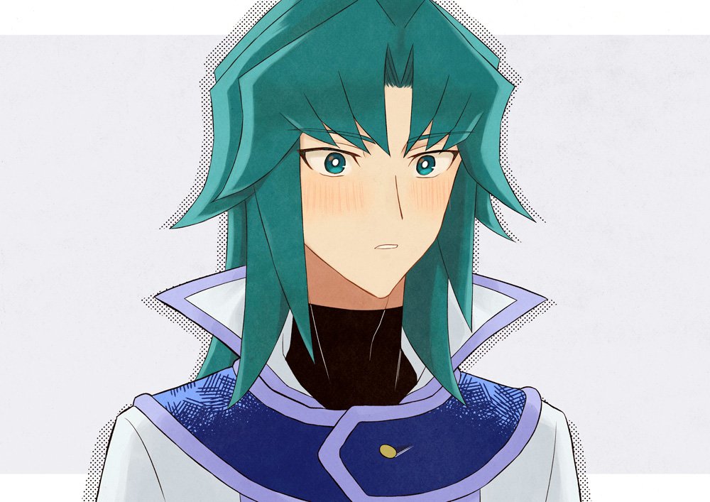 1boy, black_shirt, bright_pupils, drop_shadow, embarrassed, green_eyes, green_hair, high_collar