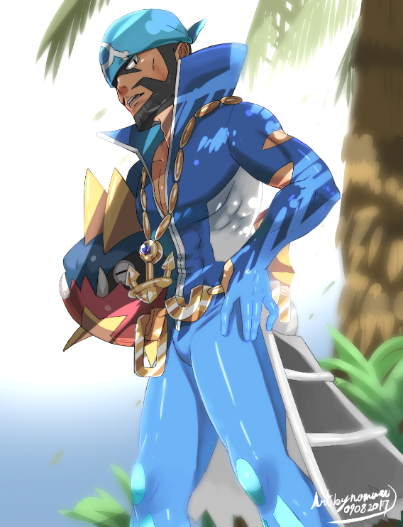 1boy, archie_(pokemon), backlighting, bandana, beard, blue_bodysuit, bodysuit, carvanha, chain, facial_hair, feet_out_of_frame, gold_chain, holding, holding_pokemon, looking_at_viewer, male_focus, nomura_(arumon), outdoors, parted_lips, pectoral_cleavage, pectorals, pokemon, pokemon_(creature), pokemon_oras, shredded_muscles, team_aqua, tree