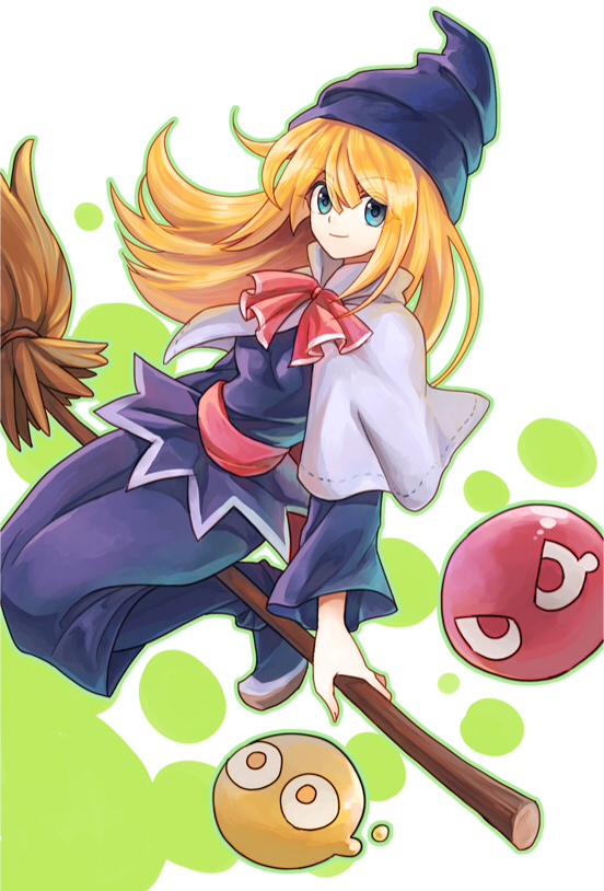 1girl, blonde_hair, blue_eyes, blue_hat, blue_shirt, blue_skirt, broom, broom_riding