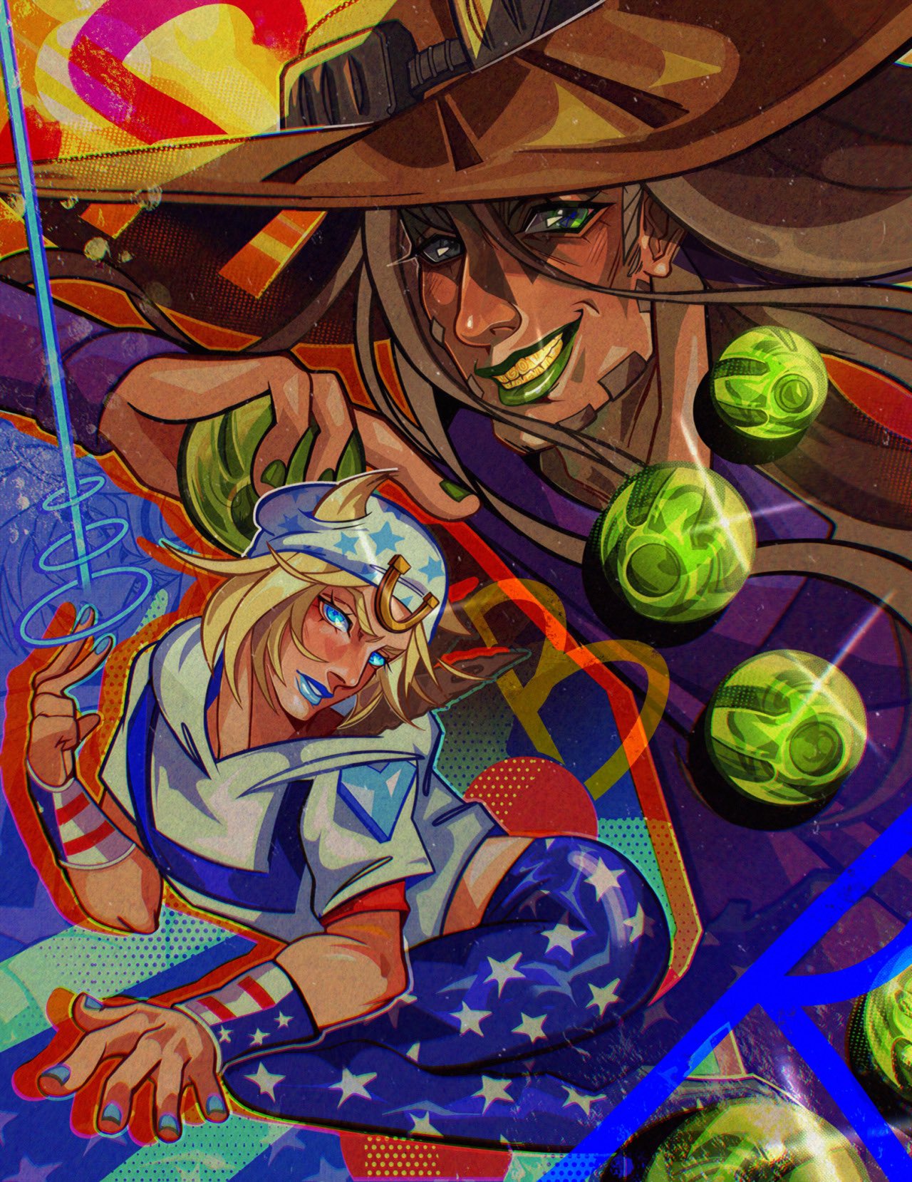 2boys, american_flag, american_flag_print, arizuume, ball, beard, blonde_hair, blue_eyes