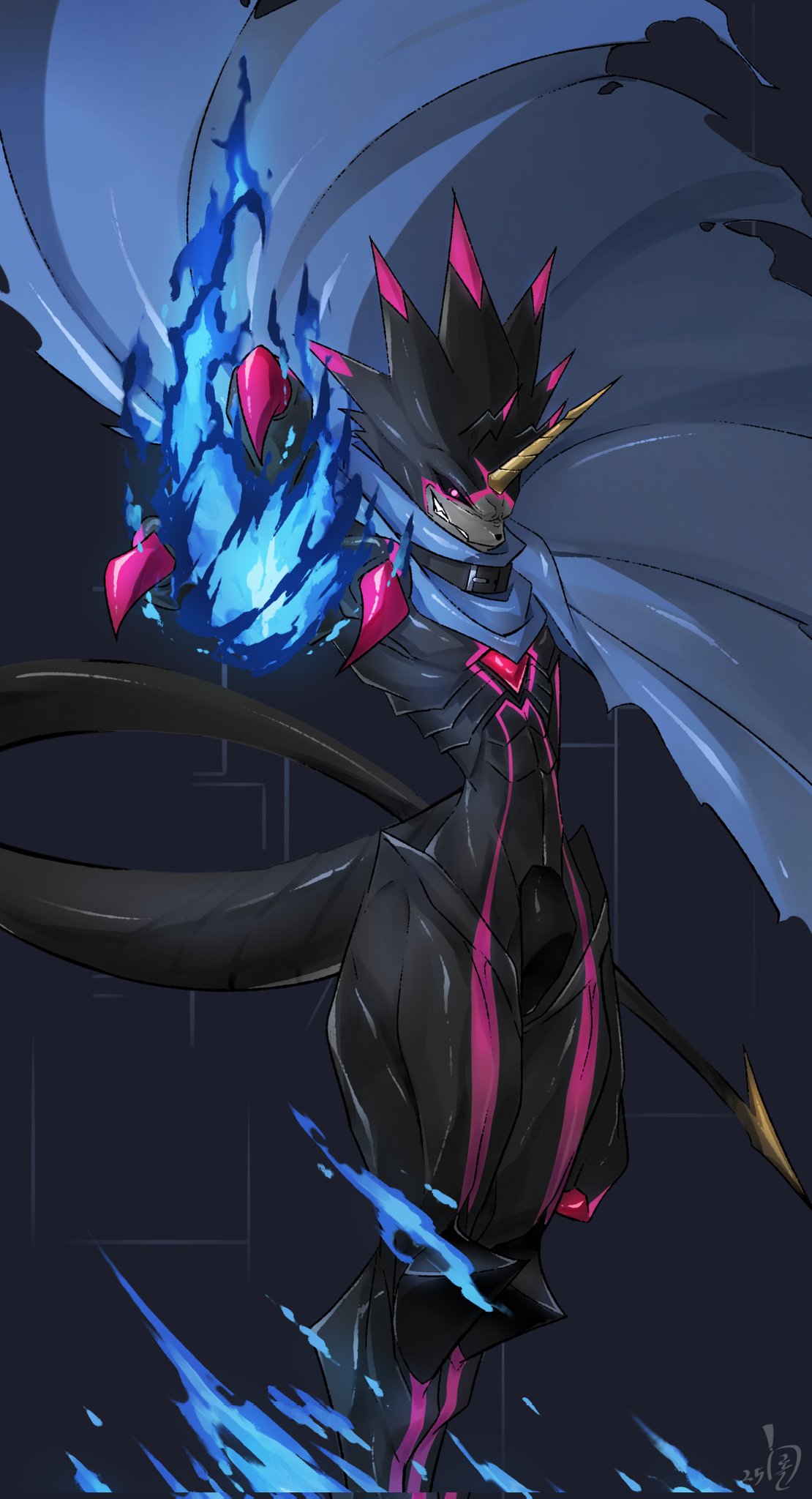 1boy, black_background, black_sclera, blue_cape, blue_fire, cape, colored_sclera, digimon