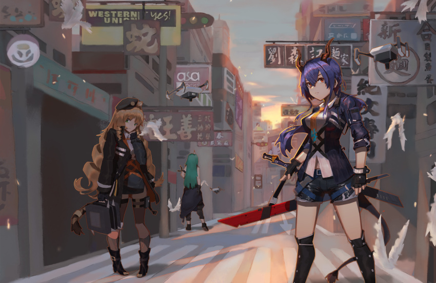 3girls, absurdres, animal_ears, arknights, arm_scarf, bare_shoulders, beret, black_hat