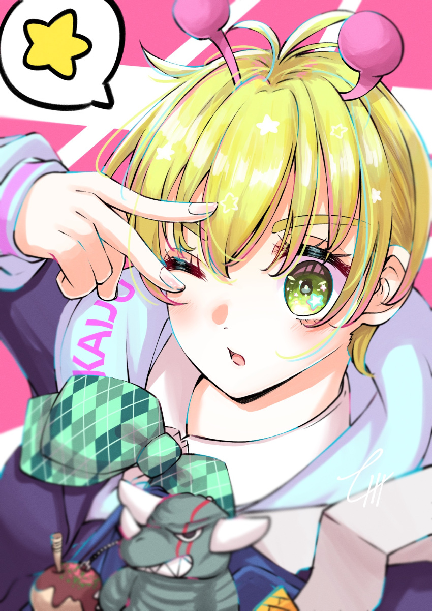 1girl, alien, antennae, aqua_bow, aqua_bowtie, blonde_hair, blue_hoodie, blue_jacket