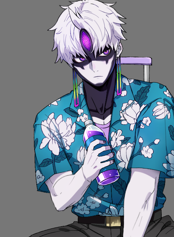 1boy, belt, blue_skirt, bottle, closed_mouth, dandadan, earrings, enjoji_jin
