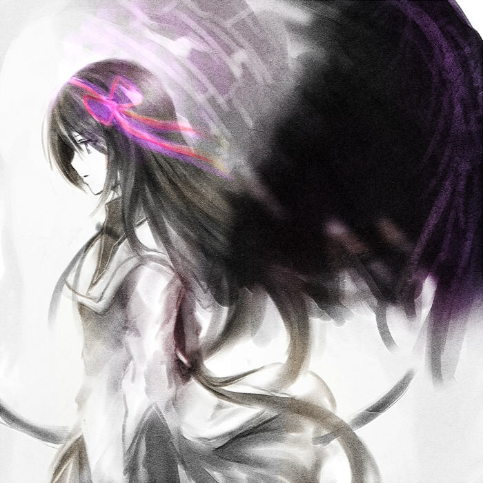 akemi_homura, black_hair, black_wings, bow_(weapon), faux_traditional_media, long_hair, magical_girl, mahou_shoujo_madoka_magica