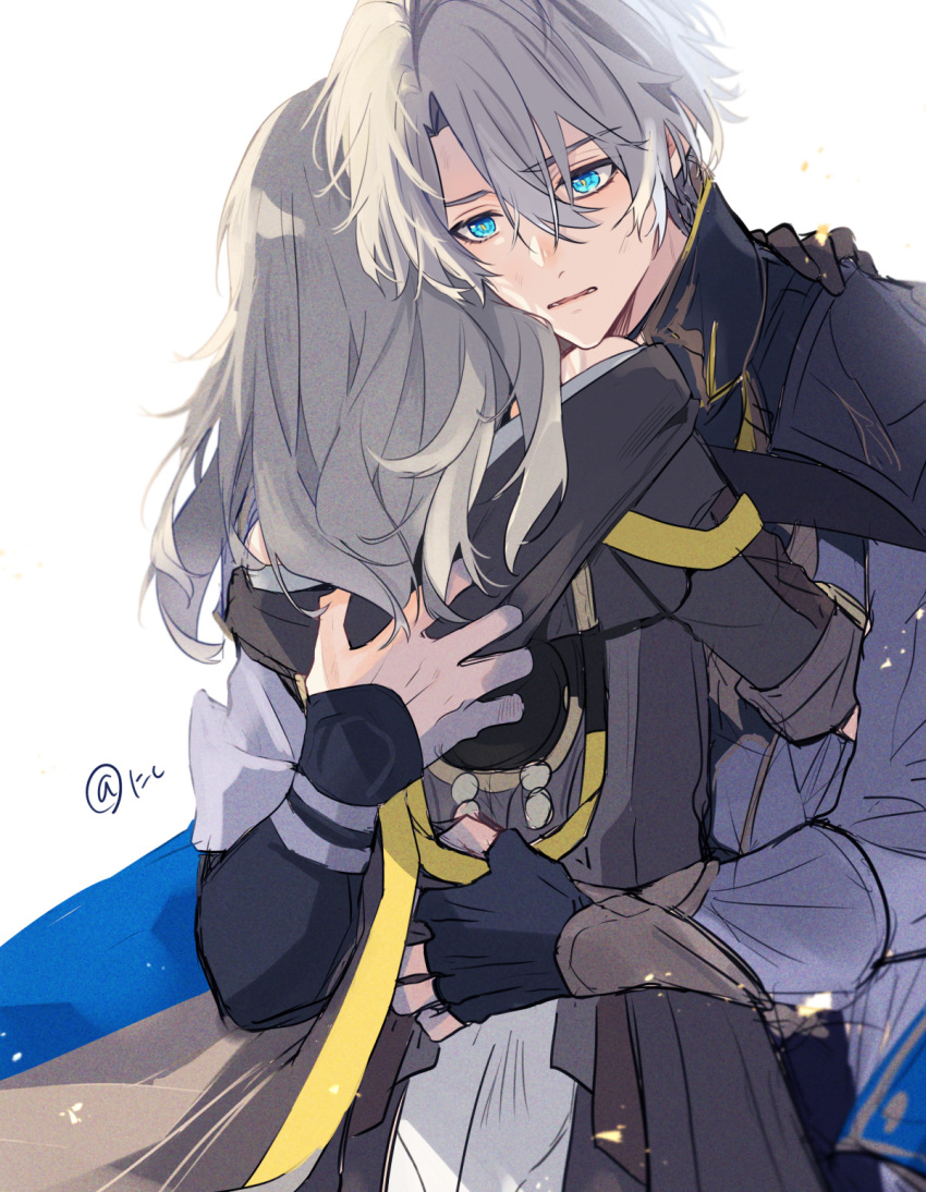 1boy, 1girl, antenna_hair, armor, black_gloves, black_jacket, blue_cape, blue_eyes, blush, cape, commentary_request, crossed_bangs, fingerless_gloves, from_behind, gloves, grey_hair, hair_between_eyes, hand_on_another's_back, highres, honkai:_star_rail, honkai_(series), hug, jacket, long_sleeves, looking_at_another, medium_hair, open_mouth, phainon_(honkai:_star_rail), sad, short_hair, shoulder_armor, simple_background, single_glove, standing, stelle_(honkai:_star_rail), tanuki_nishi, trailblazer_(honkai:_star_rail), two-sided_cape, two-sided_fabric, white_background, white_jacket, yellow_cape, yellow_pupils