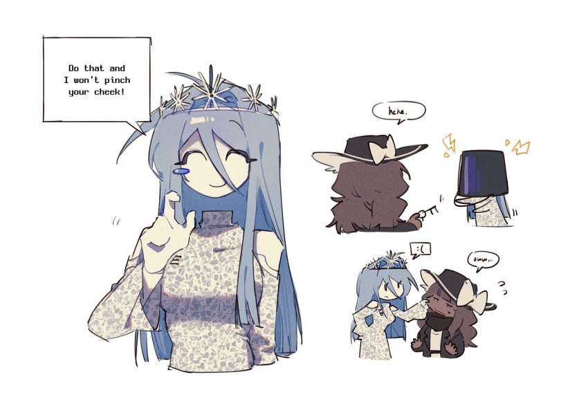 2girls, ^_^, air_zizon, android, blue_hair, blush_stickers, brown_hair, bucket