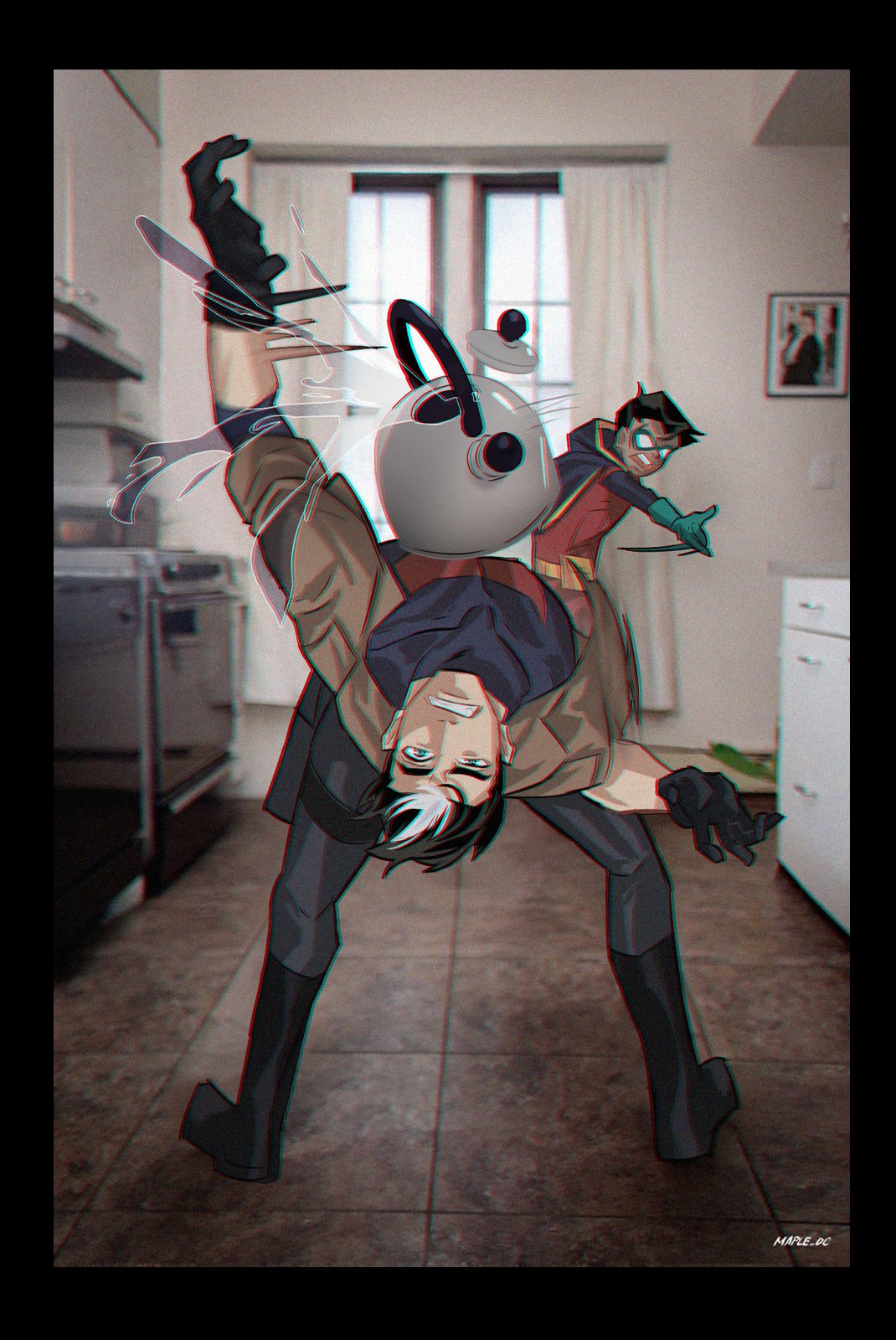 2boys, artist_name, bat_signal, batman_(series), batman_symbol, belt, bending_backward, black_bodysuit