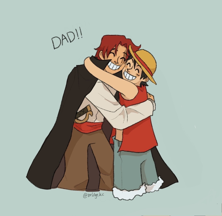 2boys, ^_^, blue_shorts, bridgekc, closed_eyes, commentary, english_commentary, hat