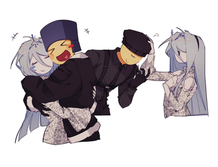 >_<, 1girl, 2boys, air_zizon, android, black_gloves, black_hairband, black_jacket, black_necktie, blue_hair, blue_hat, blush_stickers, clothing_cutout, colored_skin, dress, eunoia_(frozen_soul), floating_head, frozen_soul, gloves, hair_between_eyes, hairband, happy, hat, hug, jacket, joints, long_hair, mafioso_(frozen_soul), multiple_boys, necktie, open_mouth, petting, roblox, robot_joints, shoulder_cutout, simple_background, single_blush_sticker, smile, tiara, ushanka, white_background, white_dress, white_skin, wide_sleeves