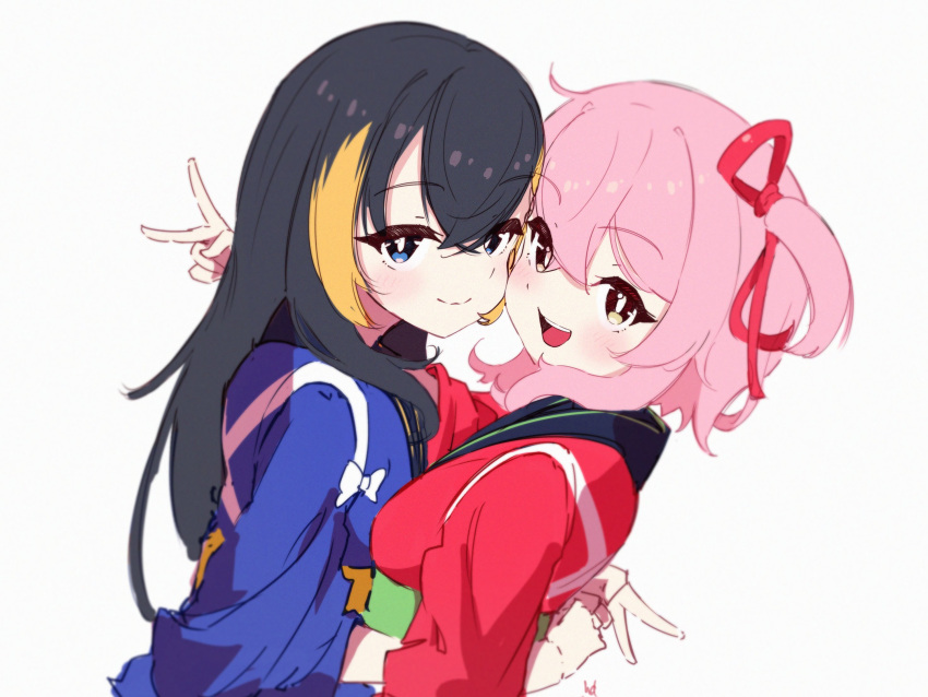 2girls, :d, artist_name, black_hair, blonde_hair, blue_eyes, blush, breasts