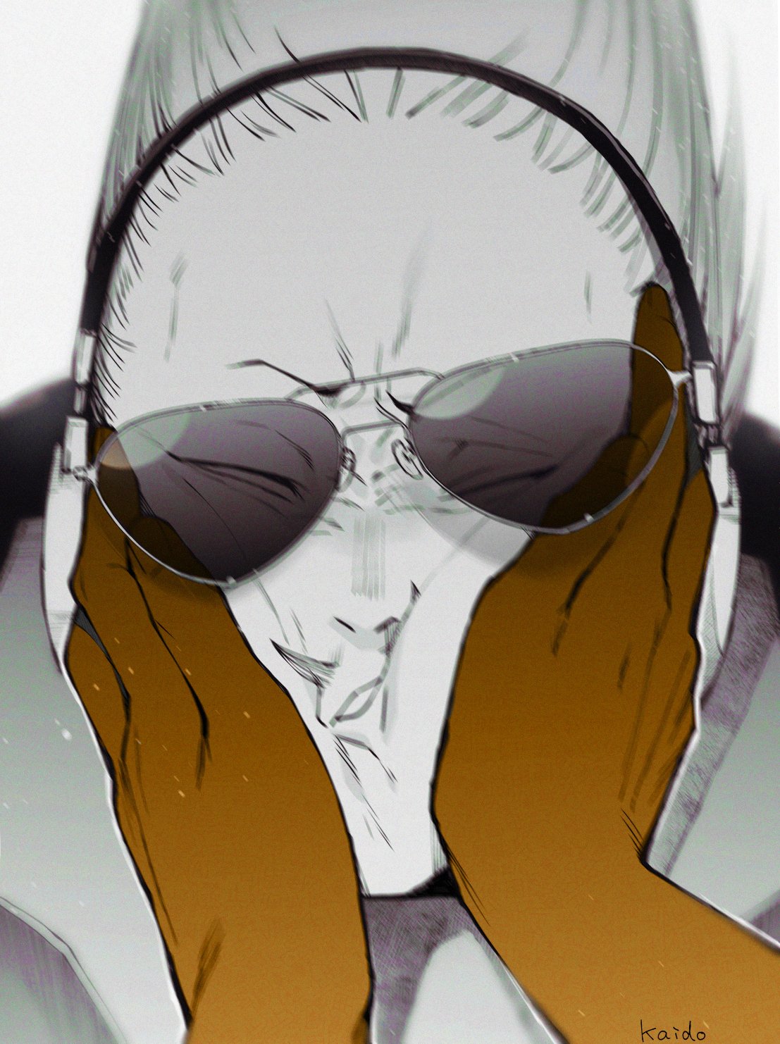 1boy, artist_name, boku_no_hero_academia, closed_eyes, eyes_visible_through_eyewear, face_squeeze, facial_hair, hands_on_another's_face