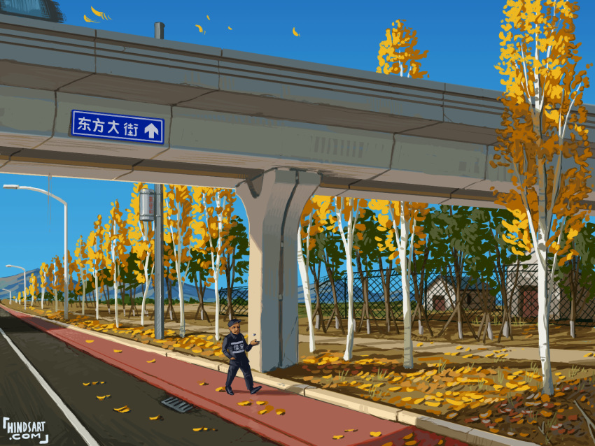 1boy, autumn_leaves, blue_sky, cabin, chain-link_fence, chinese_text, day, fence