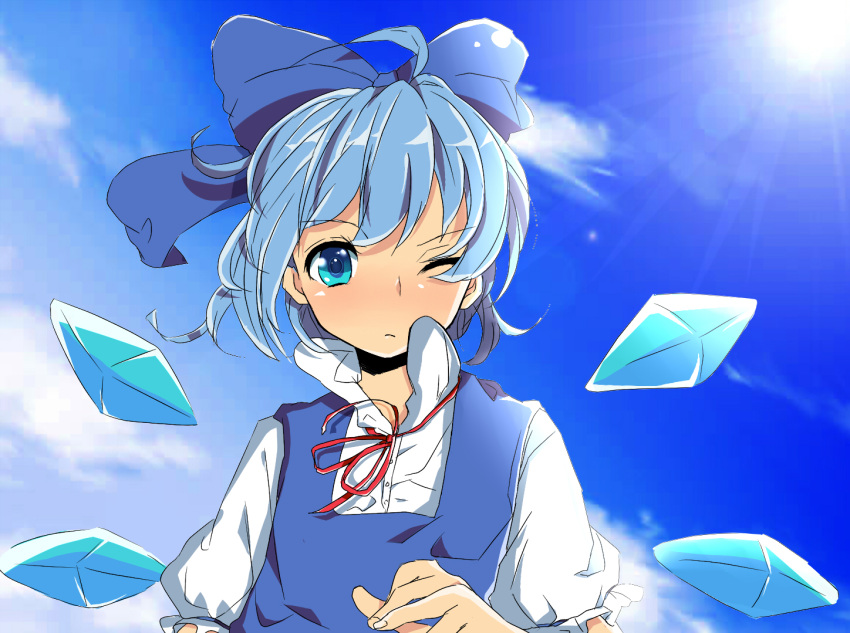 bad_id, blue_dress, blue_eyes, blue_hair, blue_sky, bow, cirno, cloud, clouds, colored, dress, hair_bow, izumi1019, sky, solo, sun, supatoro_(pixiv2682152), touhou, wind, wings, wink