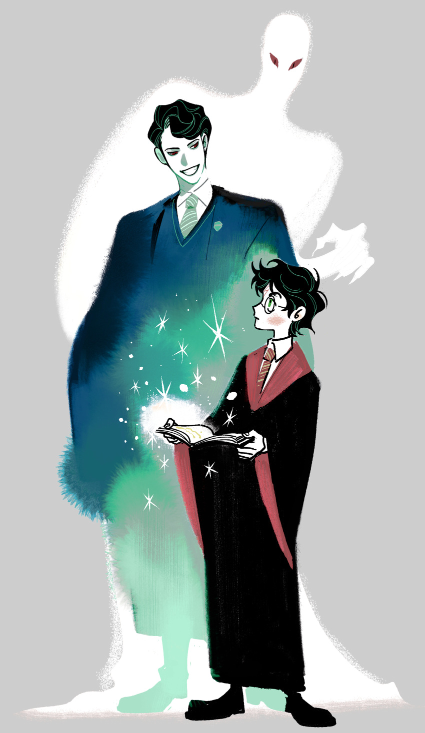 2boys, absurdres, black_hair, black_shoes, book, collared_shirt, commentary_request, full_body