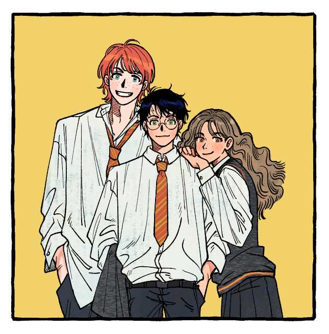 1girl, 2boys, black_hair, blue_eyes, brown_hair, commentary_request, freckles, green_eyes