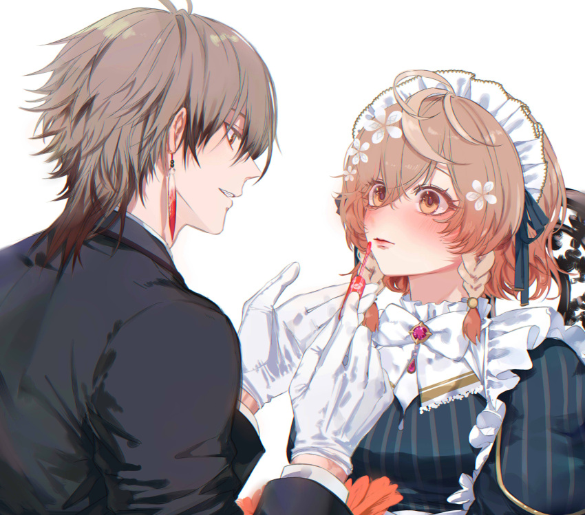 1boy, 1girl, absurdres, applying_another's_makeup, applying_makeup, blush, braid, brown_hair