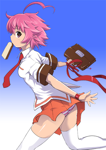aino_heart, arcana_heart, bow, bread, bread_in_mouth, food, heart_ahoge, necktie