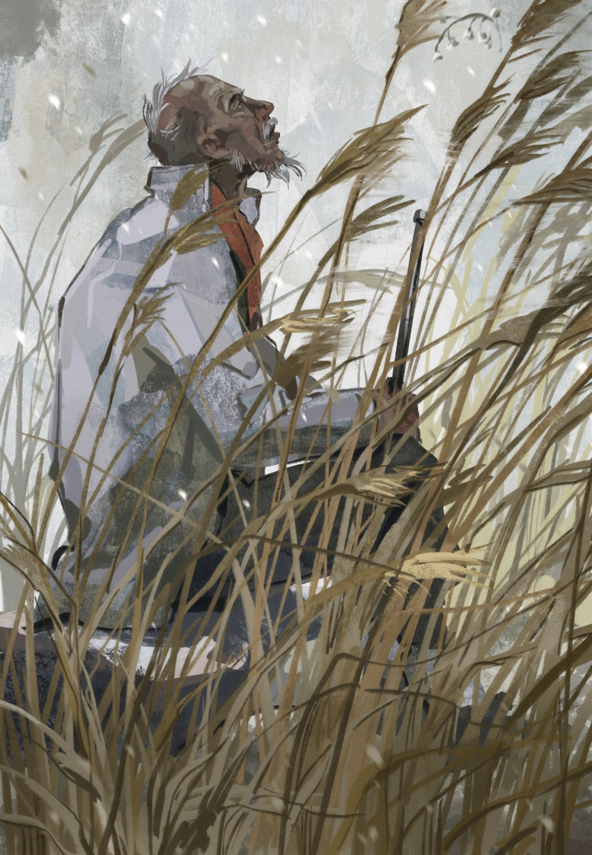 1boy, beard, disco_elysium, facial_hair, grass, gun, highres, holding