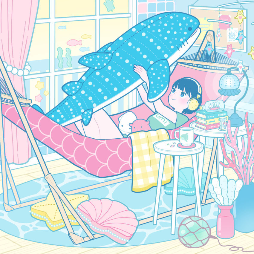 1girl, black_hair, book, book_stack, coral, curtains, fish, flat_color