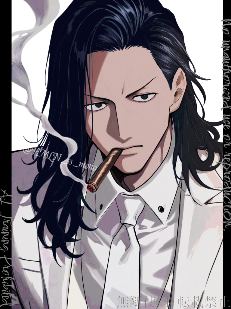 1boy, adam's_apple, asymmetrical_bangs, black_eyes, black_hair, breast_pocket, cigar, collared_shirt