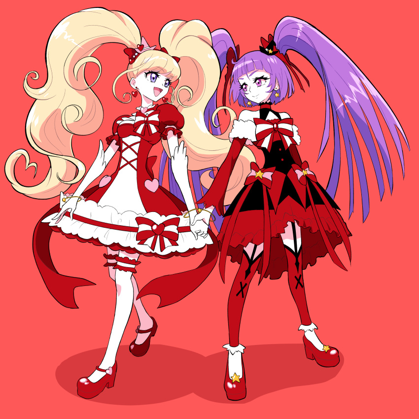 2girls, absurdres, asahina_mirai, black_dress, black_hat, blonde_hair, blue_eyes, bow, bracelet, breasts, closed_mouth, commentary, cure_magical, cure_magical_(ruby_style), cure_miracle, cure_miracle_(ruby_style), detached_sleeves, dress, earrings, elbow_gloves, emine_mutsu, frilled_dress, frilled_thighhighs, frills, full_body, garter_straps, gloves, hair_bow, hat, heart, heart_earrings, highres, holding_hands, izayoi_liko, jewelry, long_hair, looking_at_another, magical_girl, mahou_girls_precure!, mini_hat, mini_witch_hat, multiple_girls, open_mouth, pink_hat, precure, puffy_short_sleeves, puffy_sleeves, purple_hair, red_background, red_bow, red_dress, red_shoes, red_sleeves, red_thighhighs, shadow, shoes, short_sleeves, small_breasts, smile, standing, star_(symbol), star_earrings, thigh-highs, tilted_headwear, twintails, two-tone_bow, two-tone_dress, very_long_hair, violet_eyes, white_bow, white_dress, white_gloves, white_thighhighs, witch_hat
